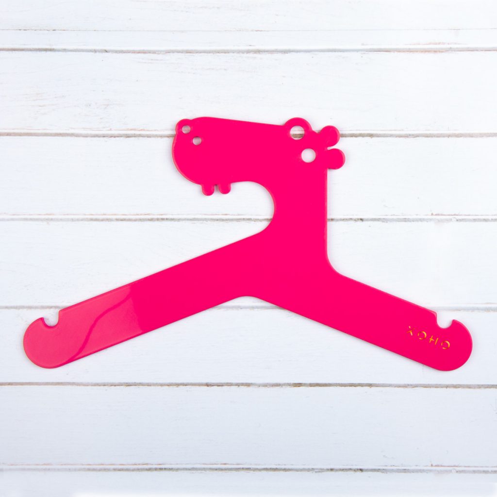 Kids clothes hanger red hippo front