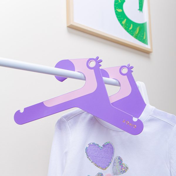 cute purple toucan shaped designer Kids hanger on a rack